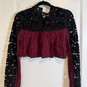 Free People Black Lace & Burgundy Cropped Long Sleeve Top